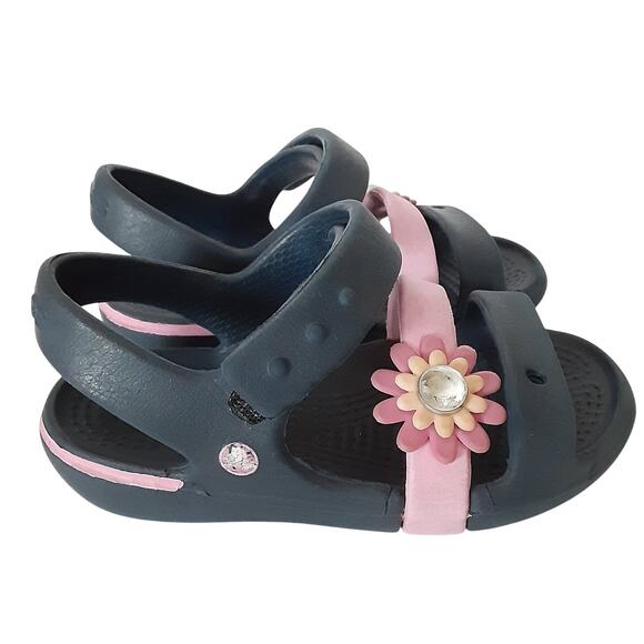 Crocs Keeley Charm Sandals Girls 7 Navy Blue Pink Hook & Loop Strap Water Shoes - Picture 4 of 8